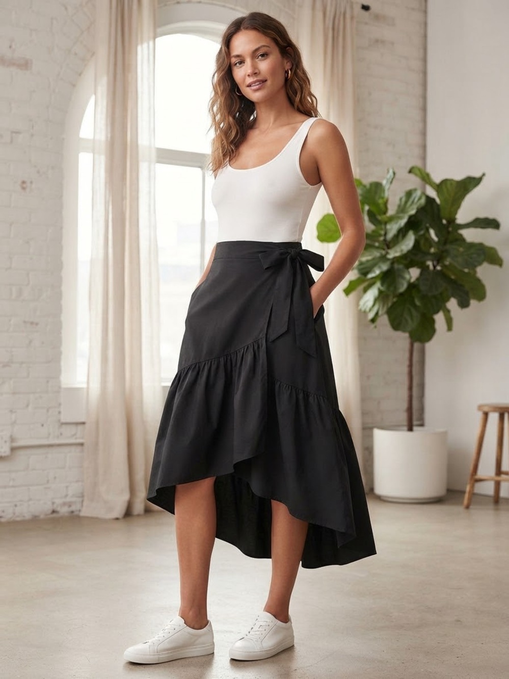 Hallhuber - Black Wrap Tiered High-Low Skirt - Women